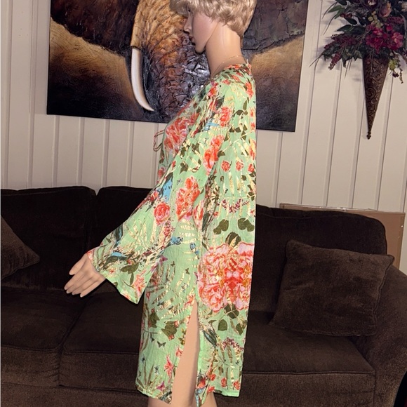 Caribbean Joe ~ Large ~ Green W/ Gold & Red Floral Tunic Swim Coverup Dress - Picture 9 of 15